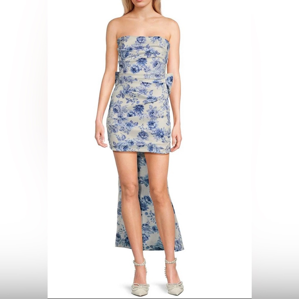 Allison & Kelly Strapless Taffeta Blue & Ivory Floral Print Bow Back Mini Dress